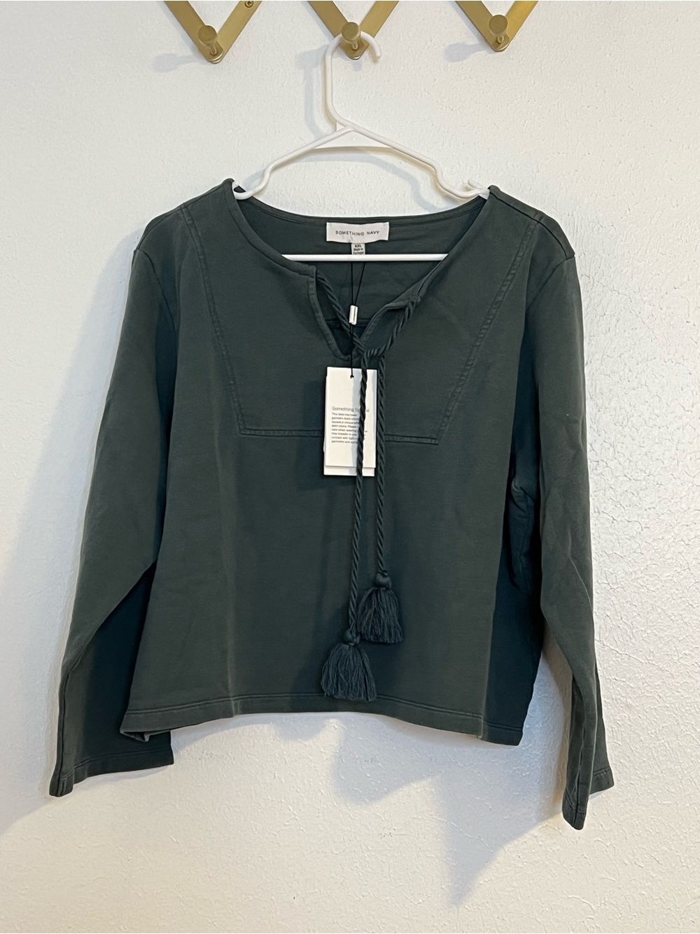 Something Navy Dark Green Tassel Tie Long Sleeve Sweatshirt